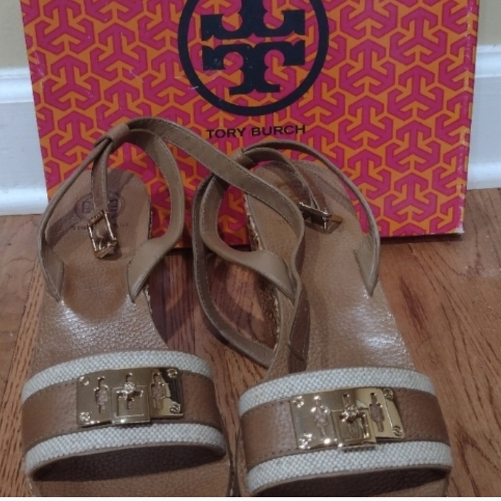 Tory Burch Tan and Cream Wedge Sandals - Picture 4 of 4
